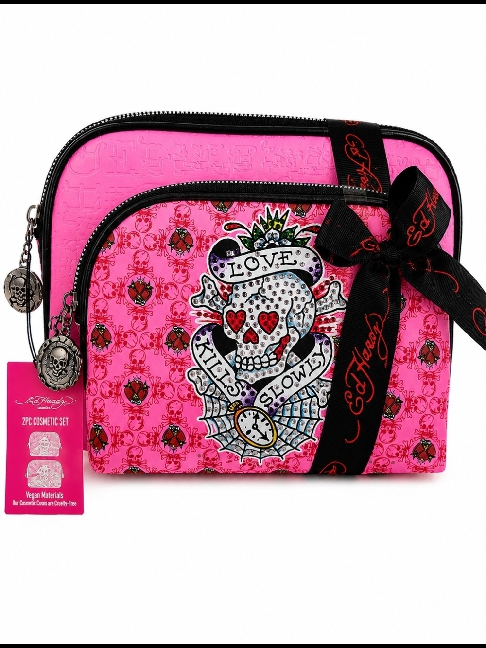 Ed Hardy Pink 2 Pc Cosmetic Bag Set Skull Love Kills Slowly Makeup Case NWT